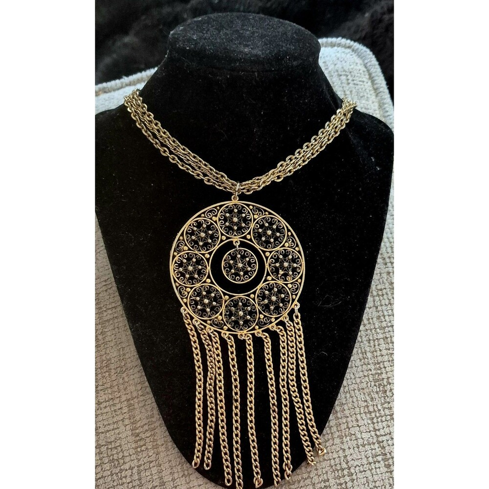 Goldtone Vintage 1970's 3 Strand Oversize  Round Openwork Pendant With Tassles